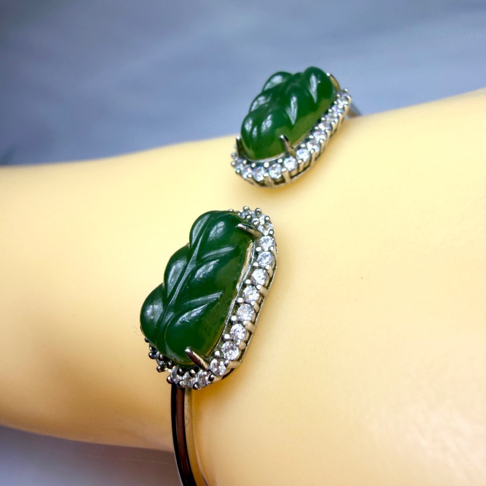 ღ꙼̈貝蒂の城堡ღ꙼̈ 和田 碧玉 玉葉 S925純銀 手鐲-細節圖2