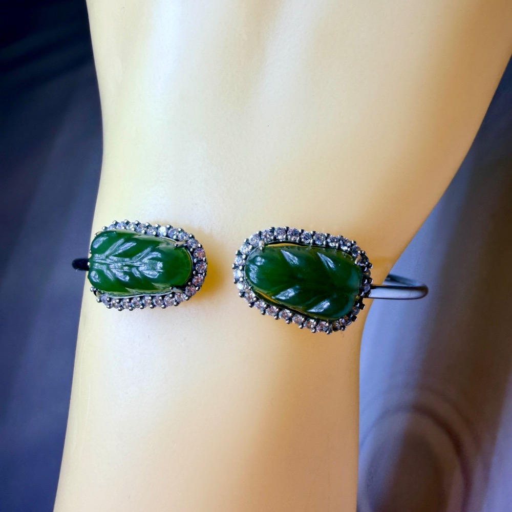 ღ꙼̈貝蒂の城堡ღ꙼̈ 和田 碧玉 玉葉 S925純銀 手鐲-細節圖3