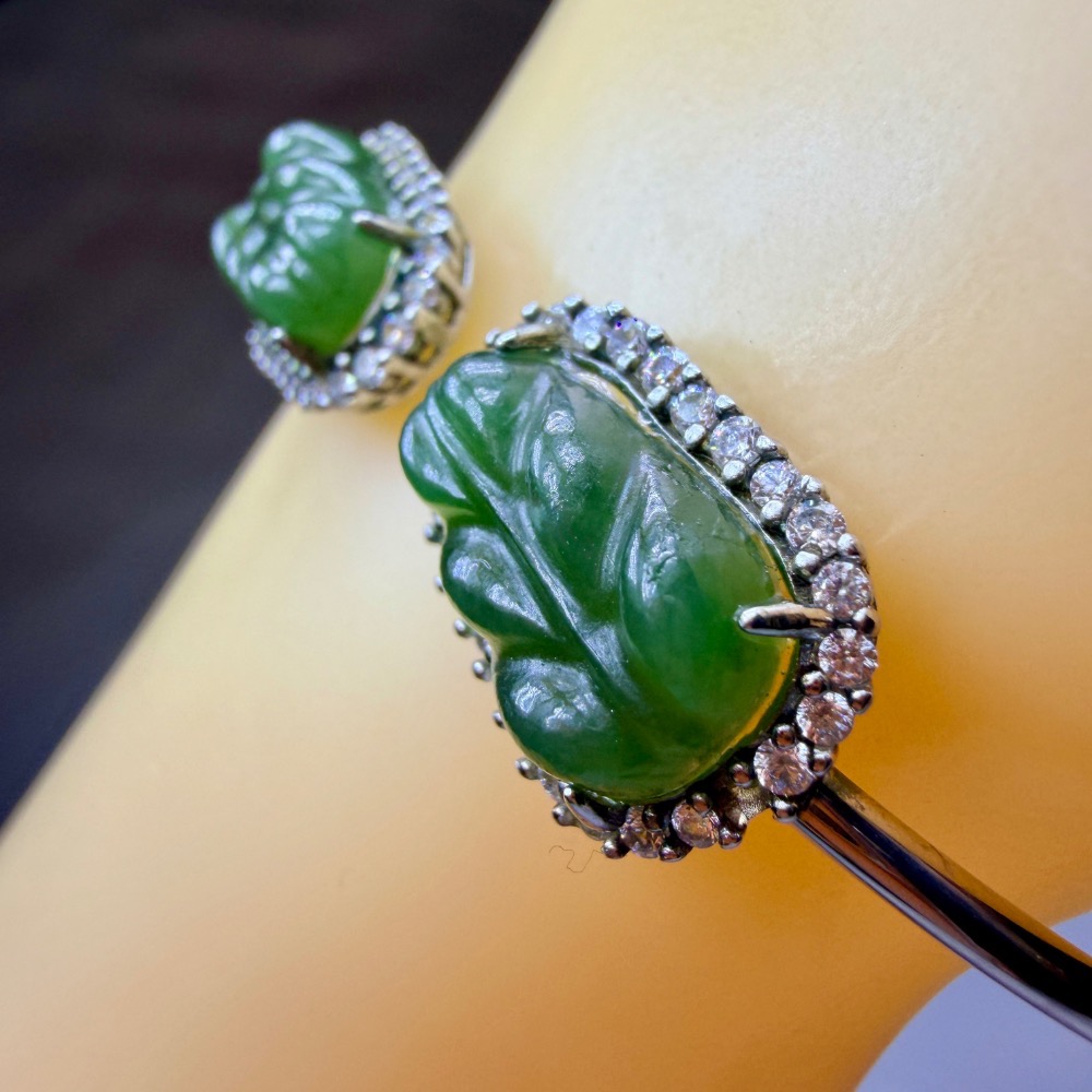 ღ꙼̈貝蒂の城堡ღ꙼̈ 和田 碧玉 玉葉 S925純銀 手鐲-細節圖4