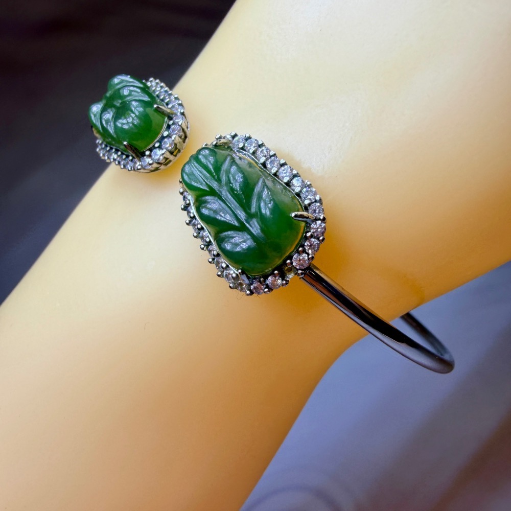 ღ꙼̈貝蒂の城堡ღ꙼̈ 和田 碧玉 玉葉 S925純銀 手鐲-細節圖5