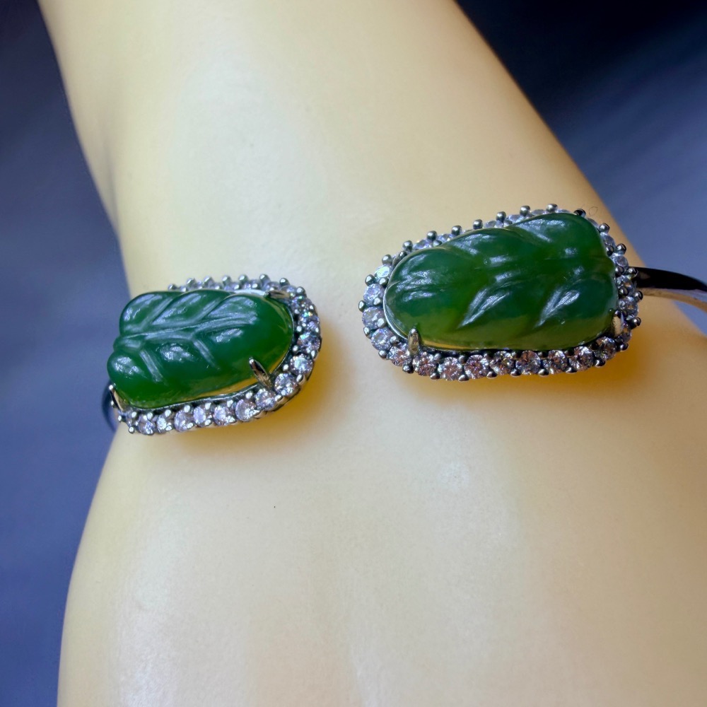 ღ꙼̈貝蒂の城堡ღ꙼̈ 和田 碧玉 玉葉 S925純銀 手鐲-細節圖7