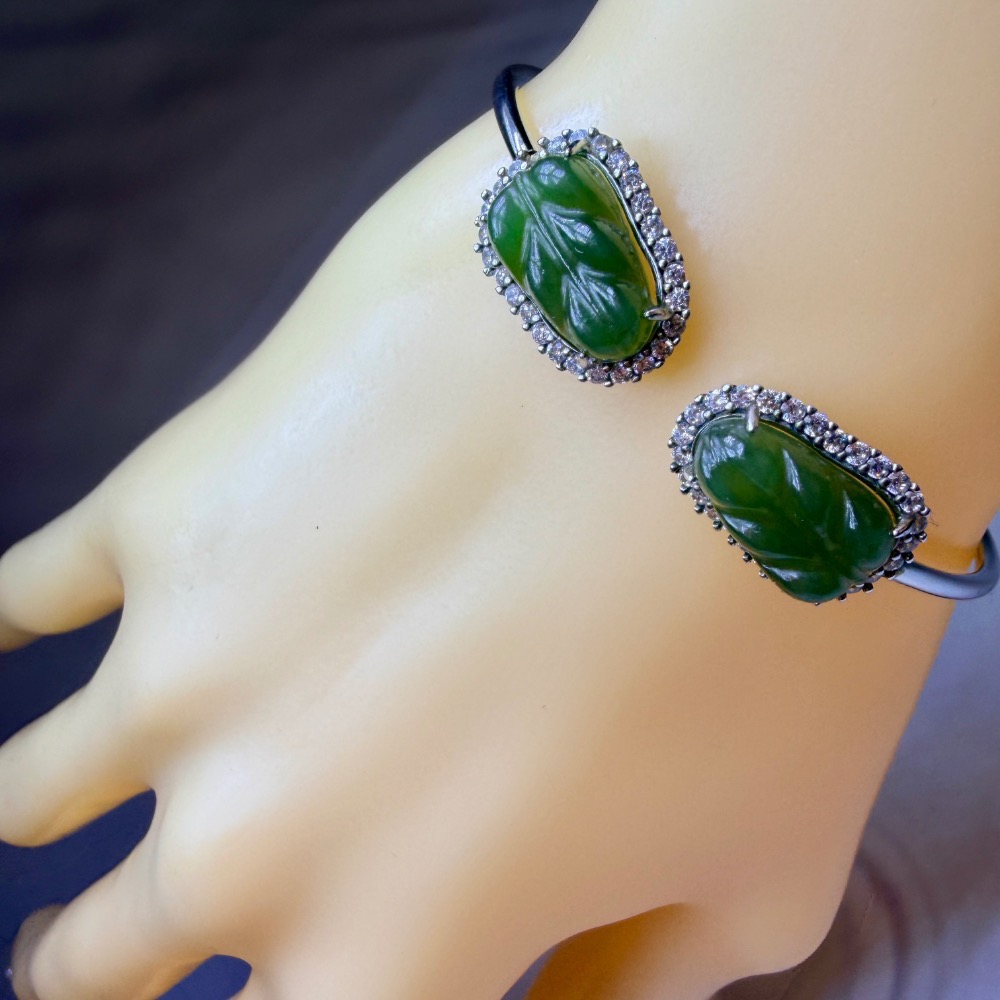 ღ꙼̈貝蒂の城堡ღ꙼̈ 和田 碧玉 玉葉 S925純銀 手鐲-細節圖8