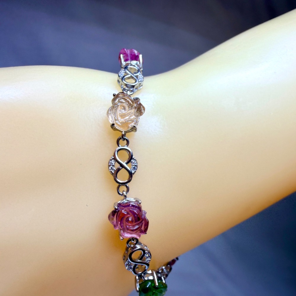 ღ꙼̈貝蒂の城堡ღ꙼̈ 淨透體 彩碧璽 玫瑰 S925純銀 手鏈-細節圖2