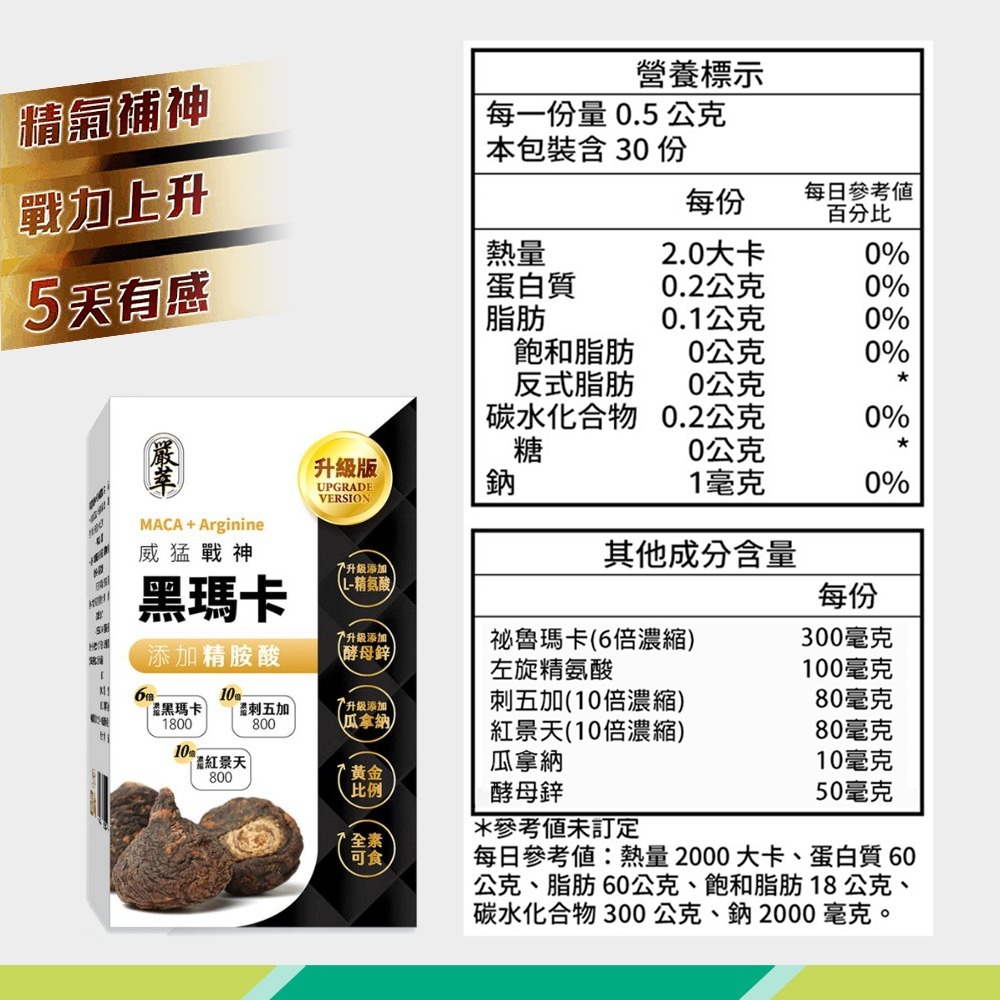 大墩藥局》嚴萃 威猛戰神黑瑪卡 升級版 30粒/盒 馬卡 鋅 酵母鋅 MACA 男性保健 紅景天-細節圖9