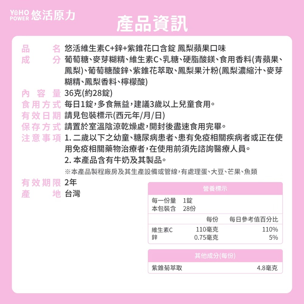 悠活原力 悠活維生素C+鋅+紫錐花口含錠 28錠/包 鳳梨蘋果味 多規 維他命C 紫錐菊》大墩藥局-細節圖4