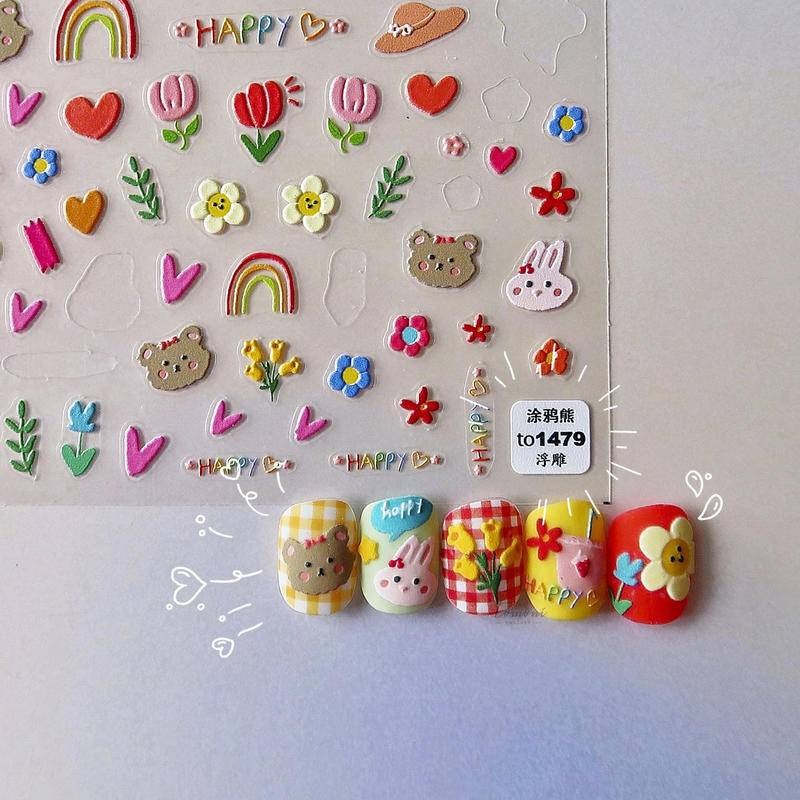 現貨｜ 手繪風 卡通浮雕 貼紙 半立體 帶背膠 日系 塗鴉 小熊 愛心 數字 生日圖案 蛋糕 小動物 美甲貼-細節圖2
