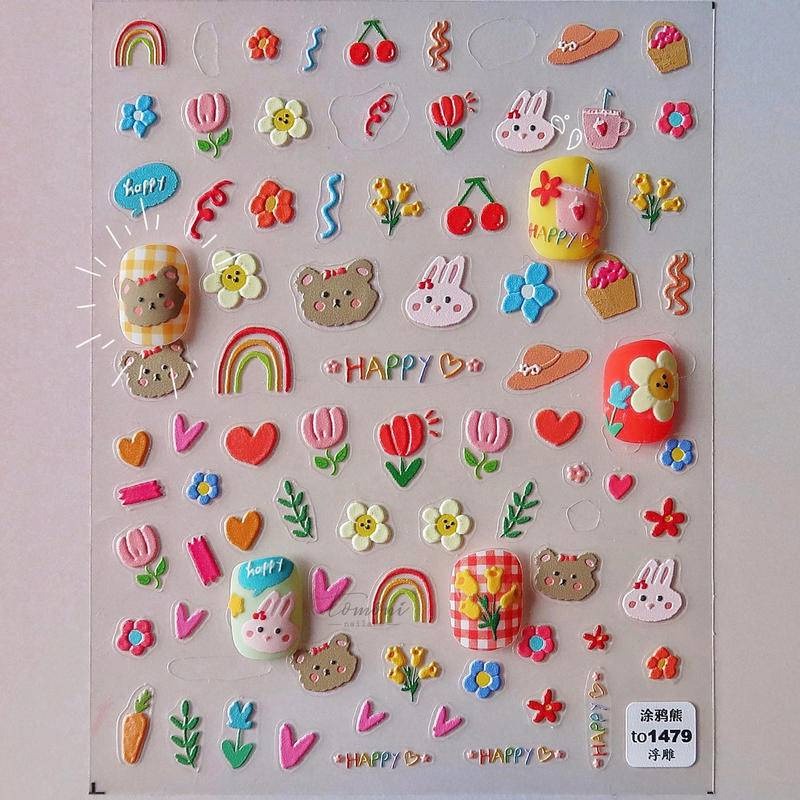 現貨｜ 手繪風 卡通浮雕 貼紙 半立體 帶背膠 日系 塗鴉 小熊 愛心 數字 生日圖案 蛋糕 小動物 美甲貼-細節圖4