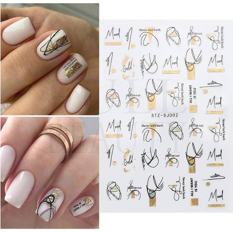 現貨｜新款✨ 美甲貼紙 燙金 抽象人臉 幾何 簡約線條畫 貼 玫瑰金 植物 抽象線條 帶背膠 指甲貼 美甲貼 抽象畫-細節圖2