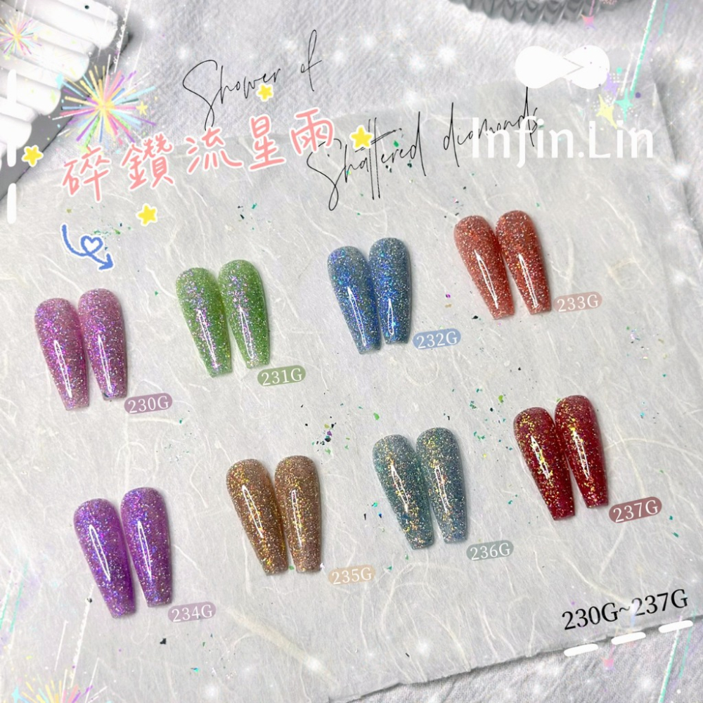 新色上市｜碎鑽流星雨 Infin.Lin 彩色凝膠 碎鑽混雲錦粉 色號230-237 碎鑽膠 亮粉膠 亮片膠 甲油膠-細節圖3