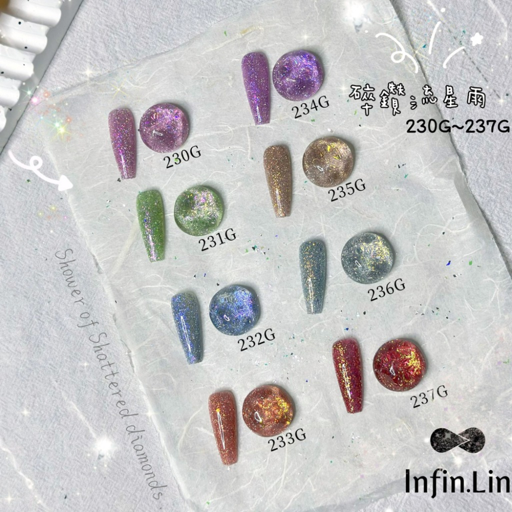 新色上市｜碎鑽流星雨 Infin.Lin 彩色凝膠 碎鑽混雲錦粉 色號230-237 碎鑽膠 亮粉膠 亮片膠 甲油膠-細節圖4