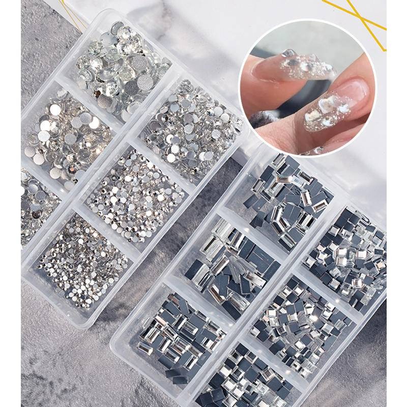 現貨｜美甲 平底鑽石飾品 透白鏡面 水鑽 鋯石 幾何 正方鑽 圓鑽 平底鑽大小綜合 水鑽 百搭 指甲 小圓鑽 方鑽-細節圖2