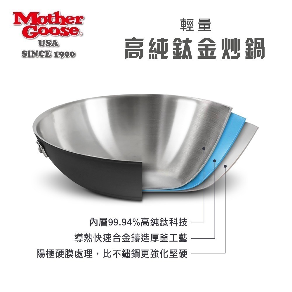 【美國MotherGoose鵝媽媽】輕量高純鈦金炒鍋33cm(99.94%純鈦鍋)-台灣製造-細節圖2