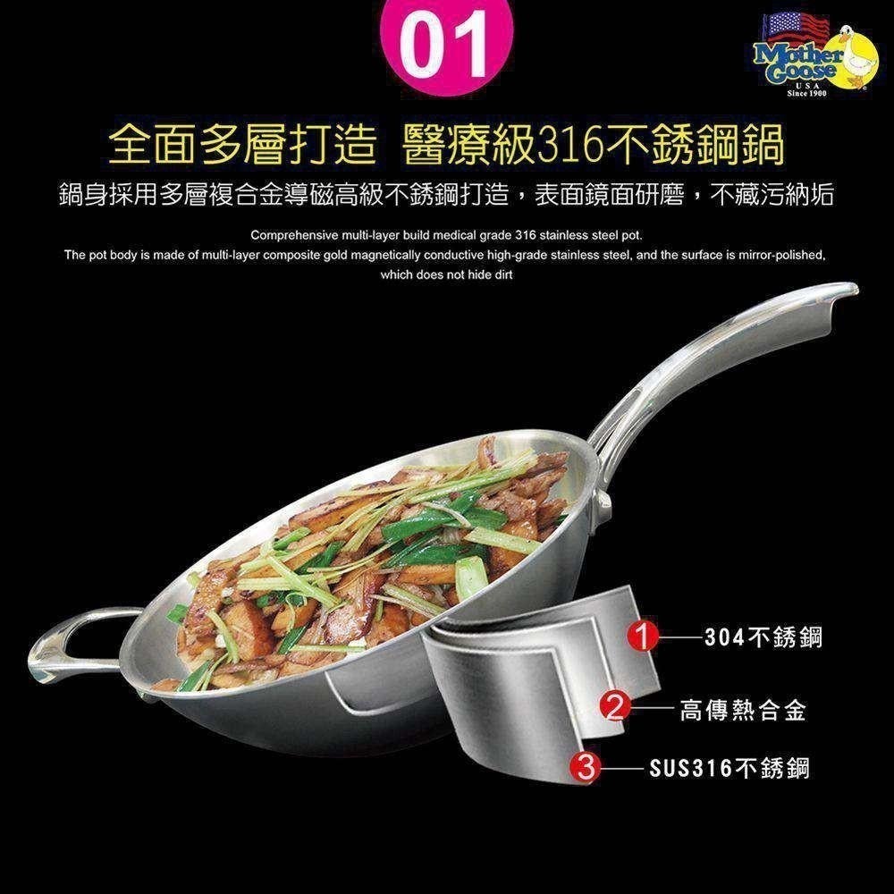 【美國鵝媽媽 Mother Goose】凱薩頂級316不鏽鋼炒鍋 36cm單把-醫療級不銹鋼 炒鍋-細節圖4
