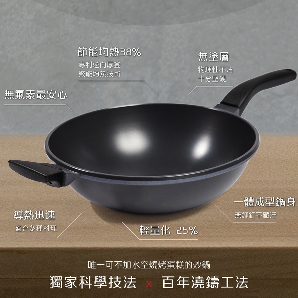 【美國鵝媽媽 Mother Goose】晶鑽輕量航太合金無塗層物理性不沾節能深炒鍋36cm-雙耳炒鍋-細節圖4