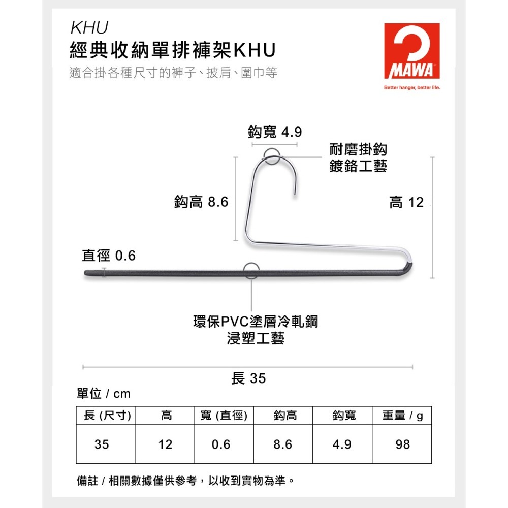 【德國MAWA】時尚經典收納單排褲架35cm(白色/20入) 褲子收納架 無痕褲架 褲架-細節圖3