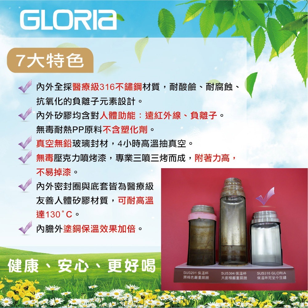 GLORIA-內外頂級316不鏽鋼彈蓋式負離子保溫瓶350ml-細節圖4