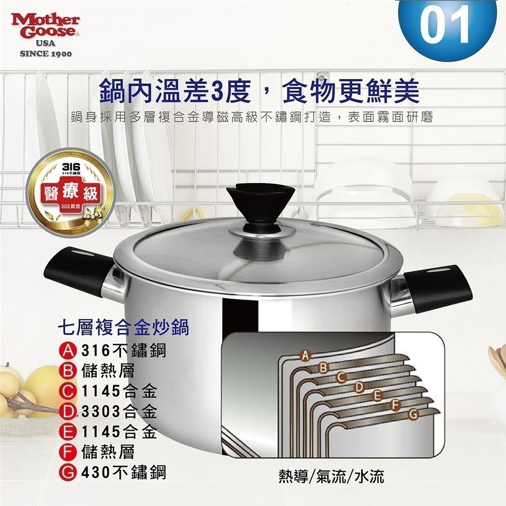 【美國鵝媽媽】比爾316不鏽鋼醫療級 七層複合金 雙耳湯鍋(22cm) 買一送一-細節圖5