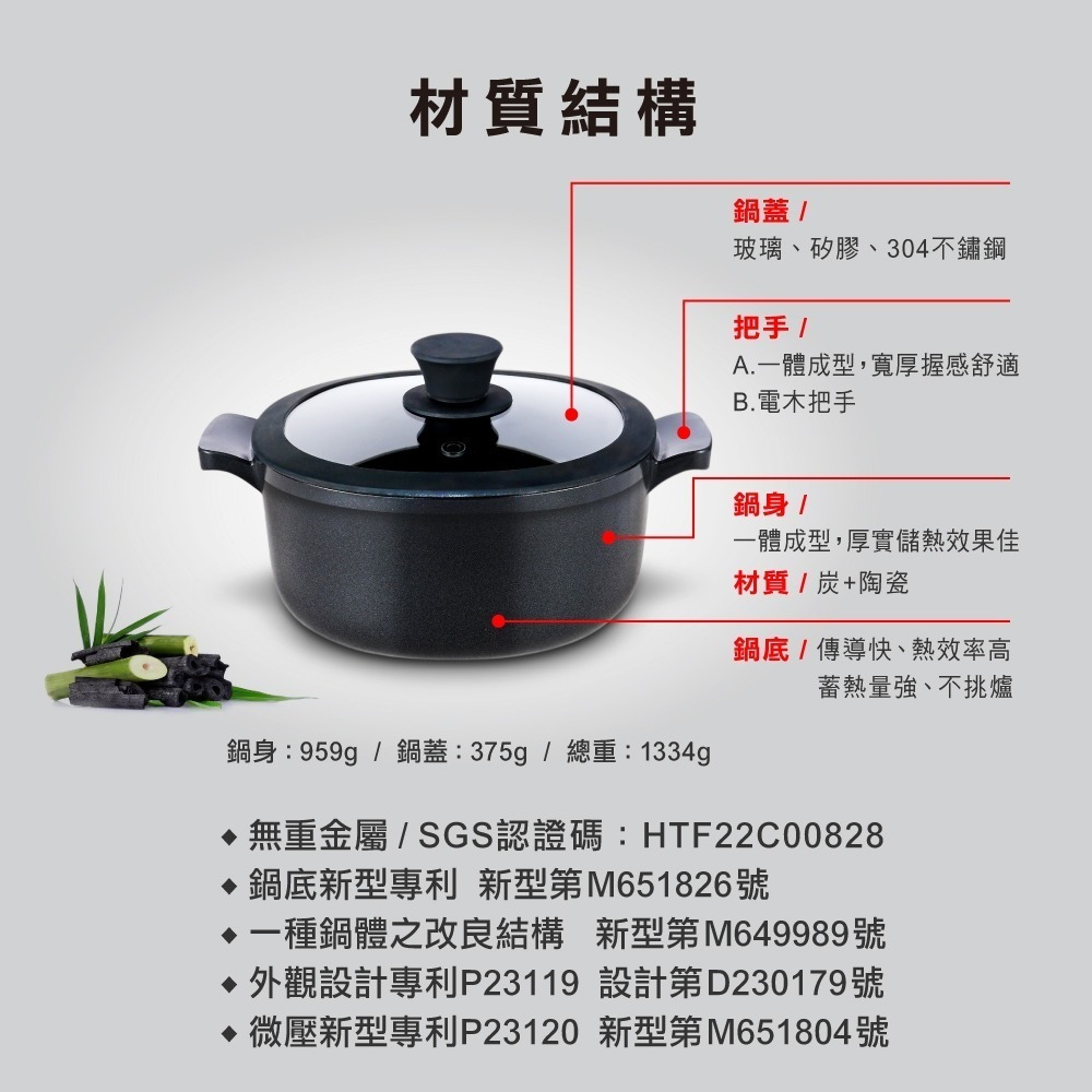 【美國MotherGoose鵝媽媽】遠紅外線IH導磁萬歲深深湯鍋22cm 竹炭鍋 竹炭湯鍋 湯鍋-細節圖3