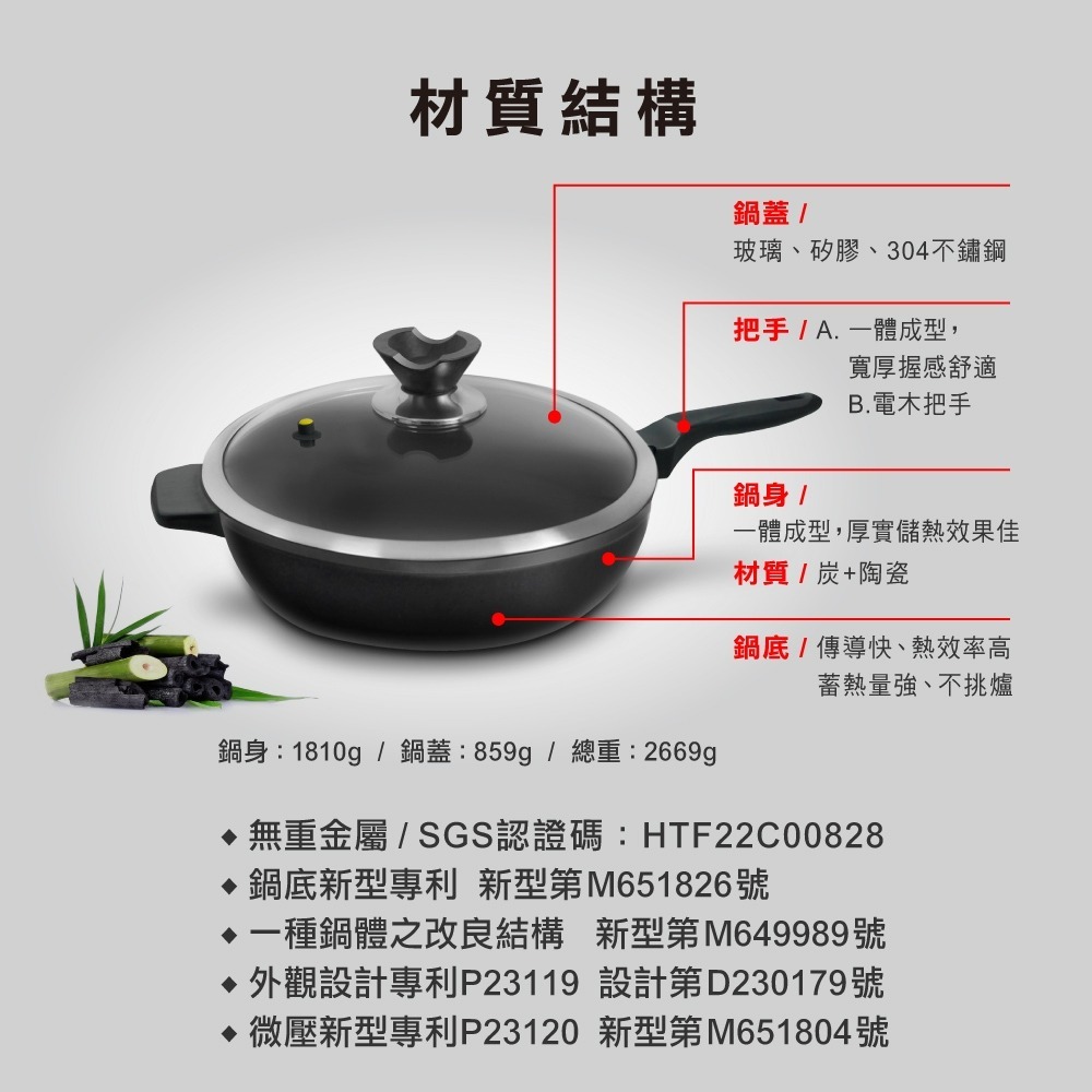 【美國MotherGoose鵝媽媽】遠紅外線IH導磁萬歲平底鍋30cm 竹炭鍋 竹炭平底鍋 平底鍋-細節圖5