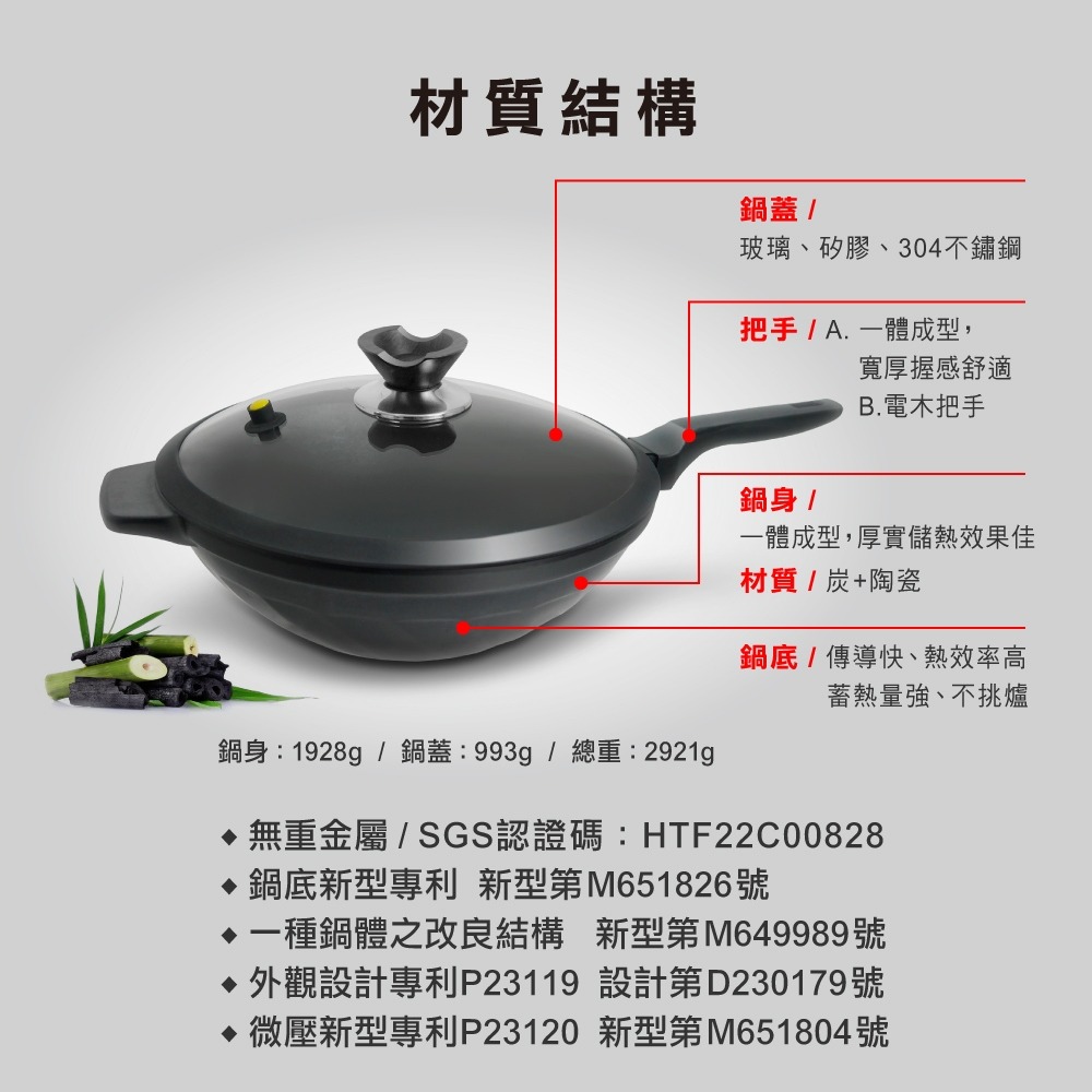 【美國MotherGoose鵝媽媽】遠紅外線IH導磁萬歲深炒鍋33cm 竹炭鍋 竹炭炒鍋-細節圖5