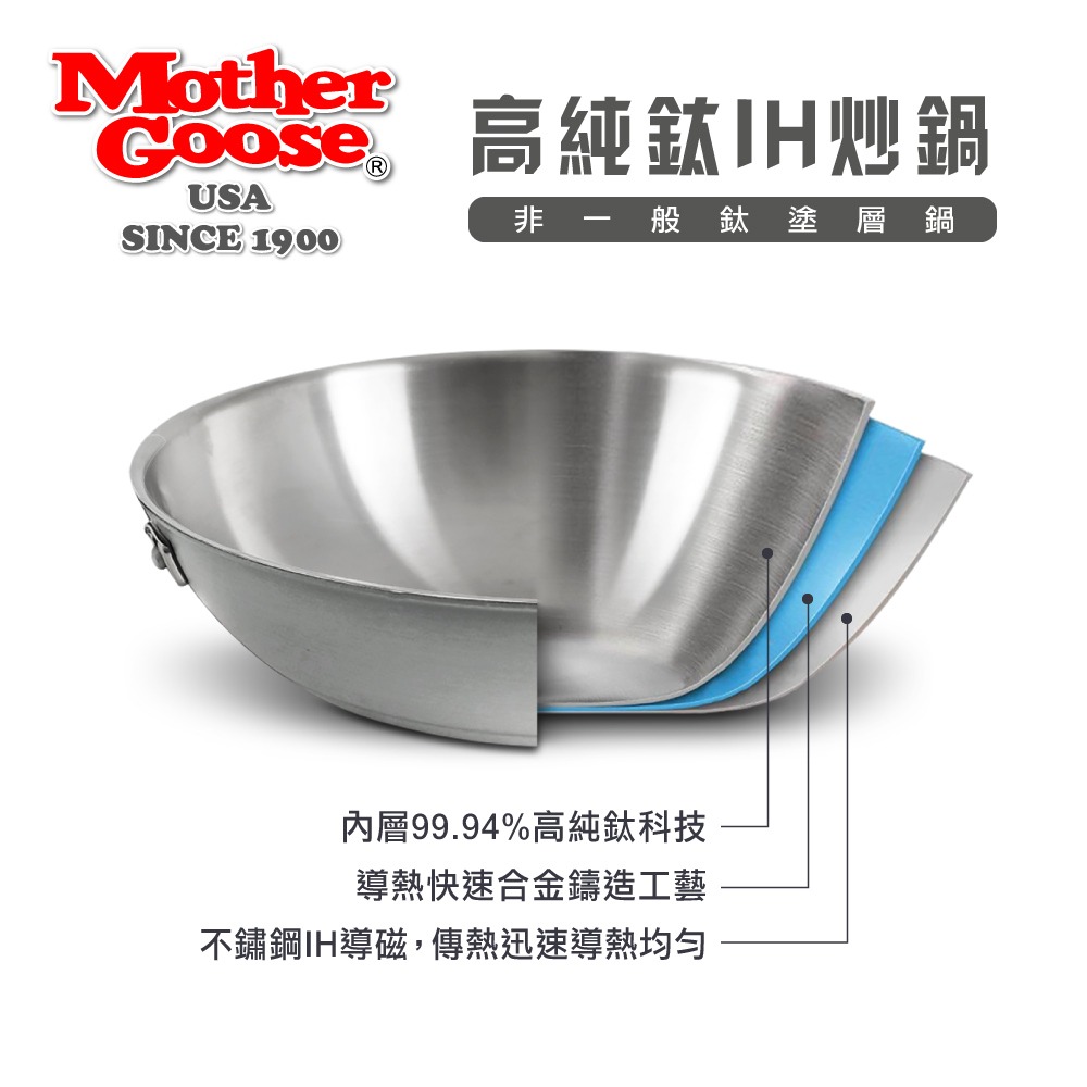 【美國MotherGoose 鵝媽媽】高純鈦99.94%物理性不沾鍋IH導磁炒鍋30cm-細節圖2