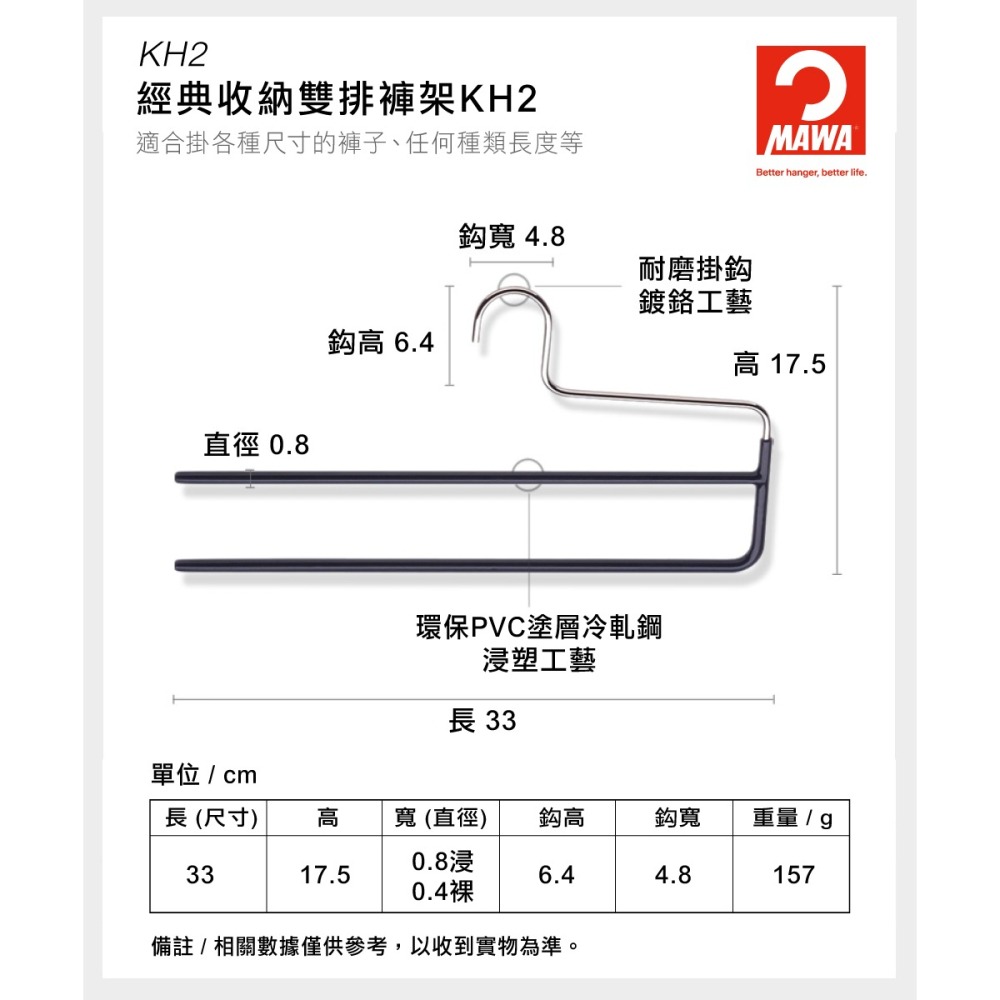 【德國MAWA】德國原裝進口無痕止滑雙排褲架33cm (10入/黑色) 防滑衣架 止滑衣架 無痕褲架 止滑褲夾 褲架-細節圖3