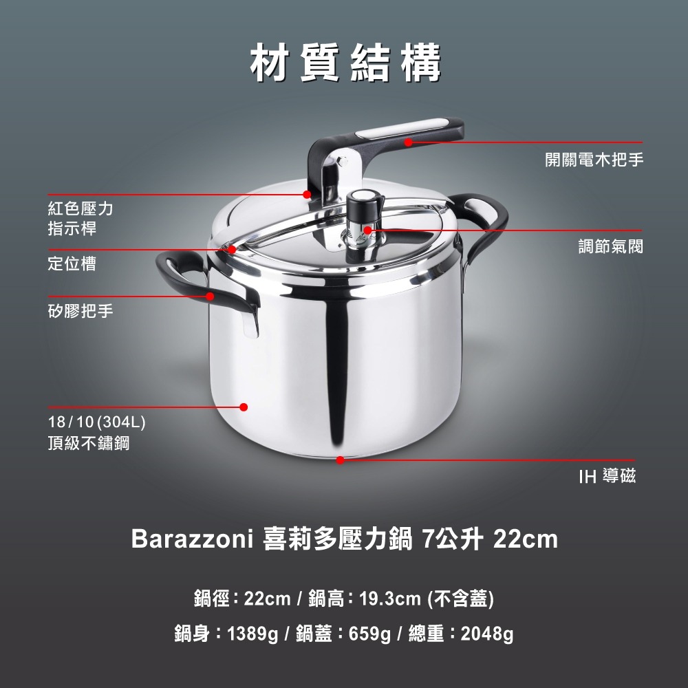 【Barazzoni】義大利原裝進口 喜莉多304不鏽鋼 IH導磁壓力鍋快鍋7L(22cm) 大容量快鍋 壓力鍋-細節圖9