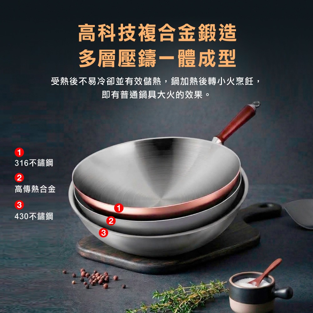 【美國MotherGoose 鵝媽媽】比爾316不鏽鋼複合金IH導磁炒鍋30cm-細節圖6