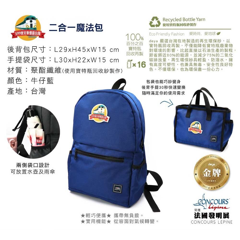 599坐火車慢遊台灣 時尚旅行二合一魔法包 後背包 手提包 多功能兩用 MIT台灣製造精品背包 FB社團官方授權商品-細節圖5