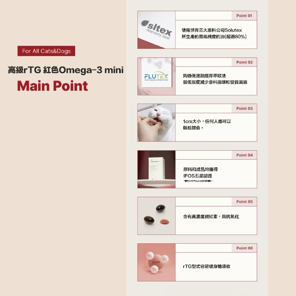 《健康貓》朝貢】RED Omega-3 Mini 紅色魚油膠囊｜rTG Omega-3＋蝦紅素｜犬貓適用｜120顆-細節圖3