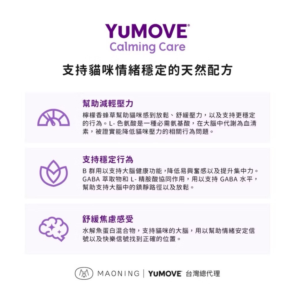 《健康貓》【YuMOVE 優抗 貓用】Calming Care 情緒舒緩保健｜GABA・L-色胺酸・L-精胺酸｜30顆-細節圖4