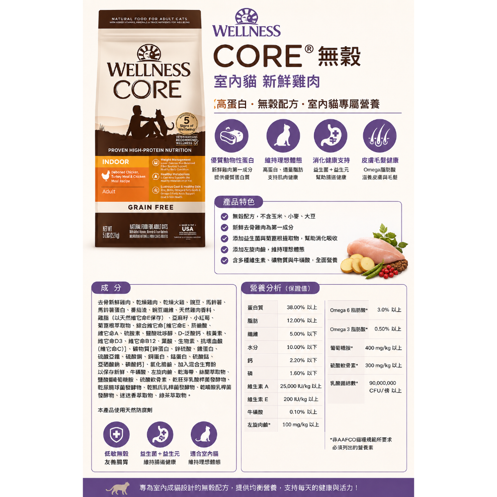 《健康貓》Wellness CORE 無穀室內成貓 鮮雞肉 低脂 低卡 體重控制 室內貓 貓飼料 無穀乾糧11磅-細節圖2