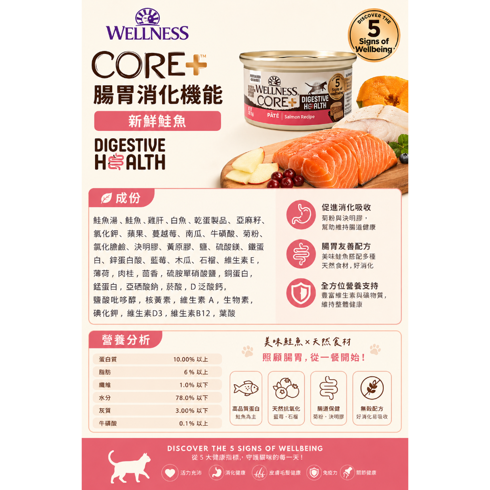 《健康貓》Wellness CORE+ DH 腸胃消化機能主食貓罐85g｜雞肉 火雞肉 鮭魚 白鮭魚 無穀貓罐-細節圖2