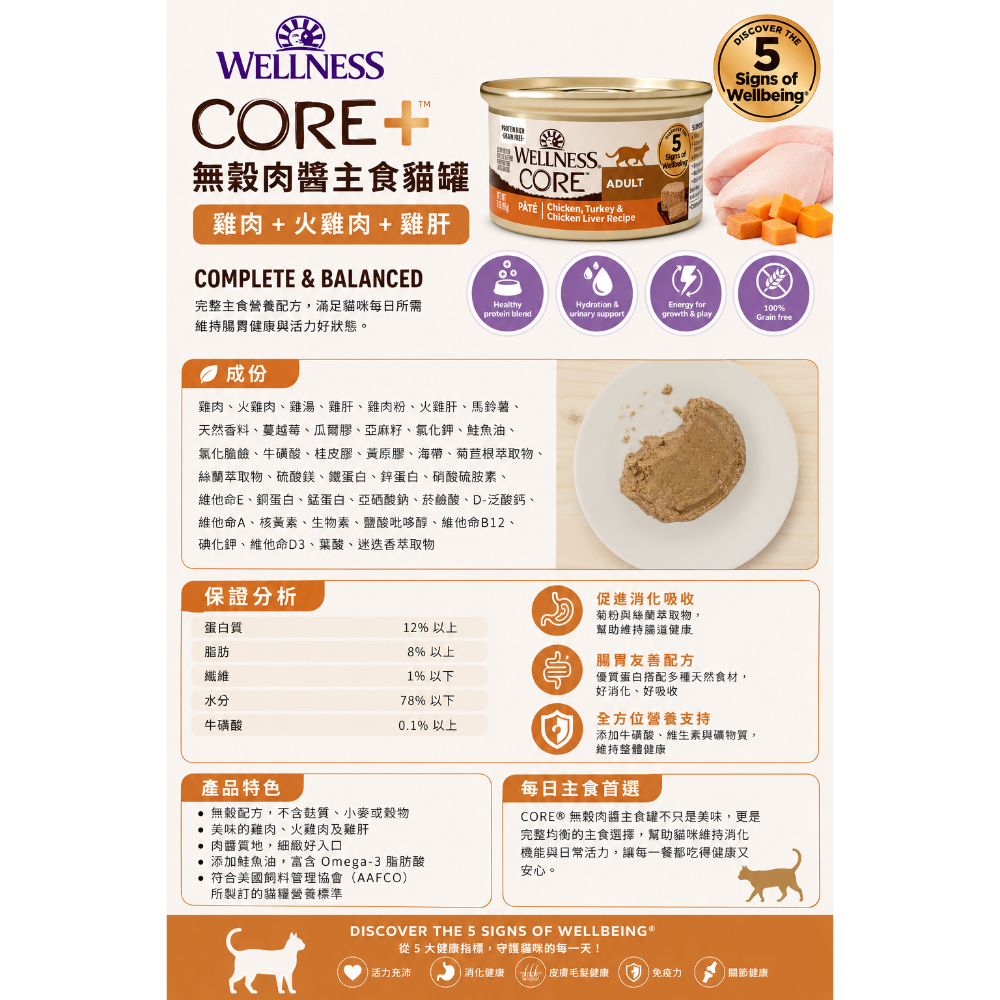 《健康貓》Wellness CORE®無穀肉醬主食貓罐｜高肉含量 成貓幼貓 無穀貓罐 85g (雞肉/火雞/鴨肉/鮭魚-細節圖2