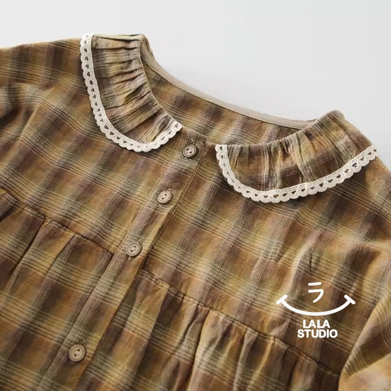 𝕃𝔸𝕃𝔸 𝕊𝕋𝕌𝔻𝕀𝕆 日系花邊娃娃領格子長袖襯衫上衣-細節圖2