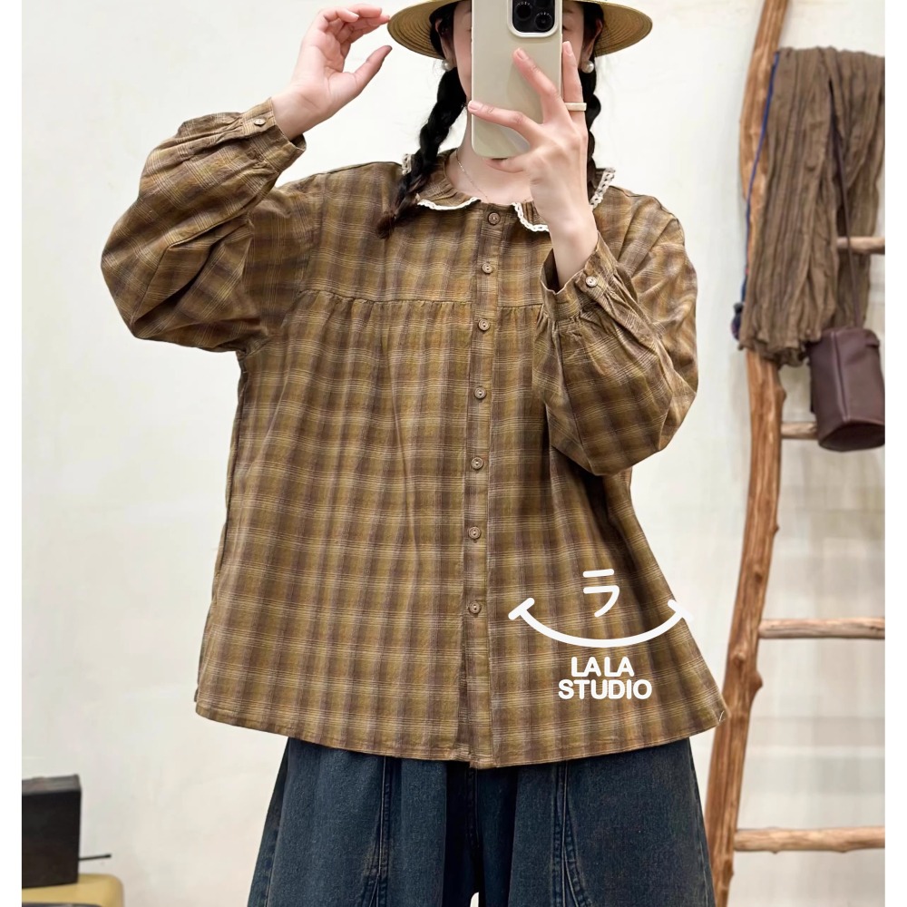 𝕃𝔸𝕃𝔸 𝕊𝕋𝕌𝔻𝕀𝕆 日系花邊娃娃領格子長袖襯衫上衣-細節圖9