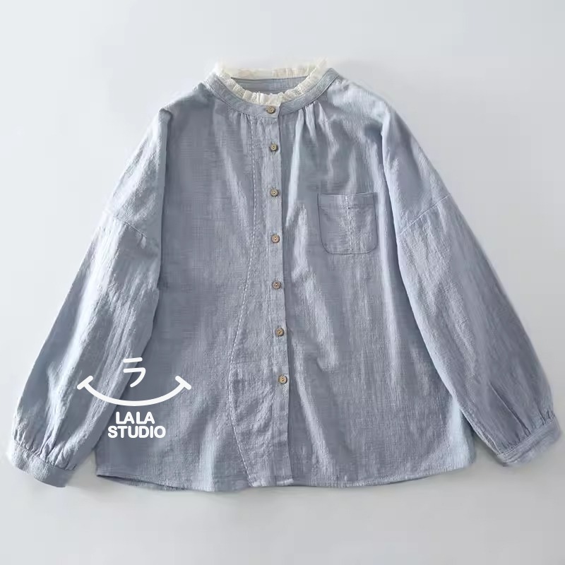 𝕃𝔸𝕃𝔸 𝕊𝕋𝕌𝔻𝕀𝕆 日系清新圓領蕾絲花邊長袖襯衫上衣 ˚ʚ  2色 ɞ˚-細節圖3