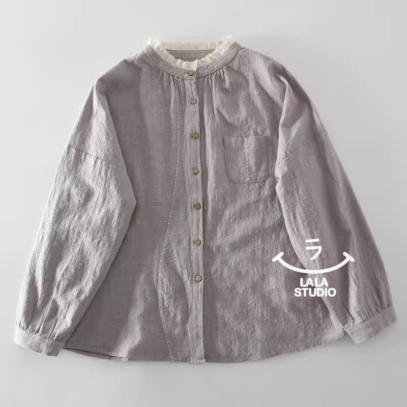 𝕃𝔸𝕃𝔸 𝕊𝕋𝕌𝔻𝕀𝕆 日系清新圓領蕾絲花邊長袖襯衫上衣 ˚ʚ  2色 ɞ˚-規格圖9