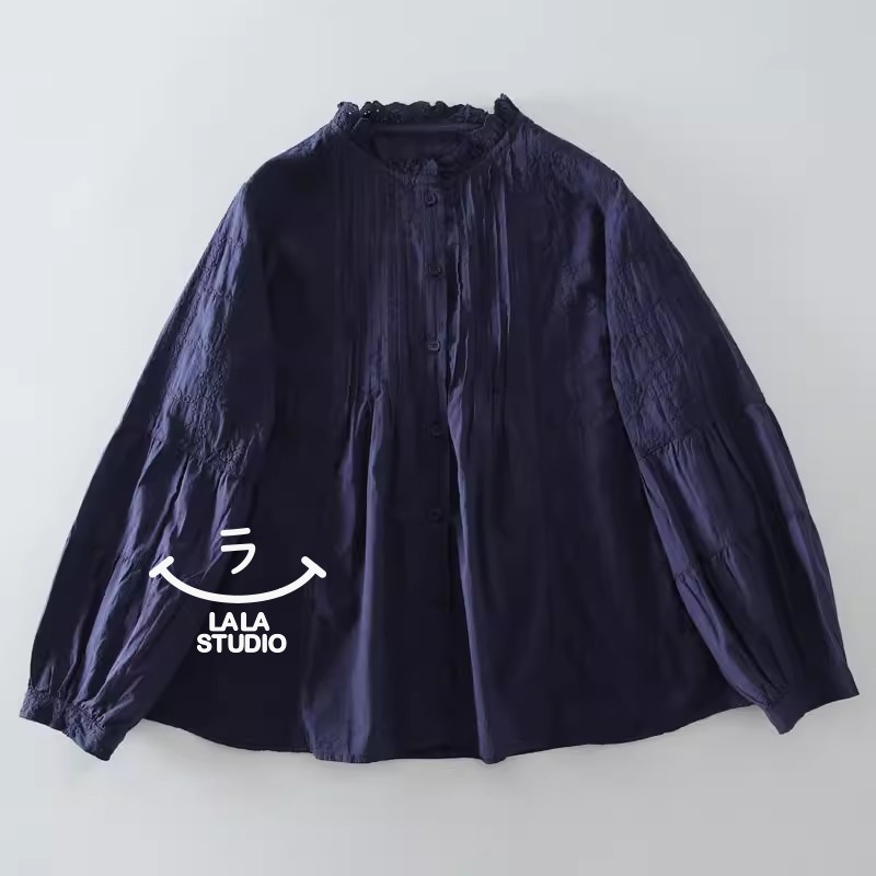 𝕃𝔸𝕃𝔸 𝕊𝕋𝕌𝔻𝕀𝕆 日系圓領蕾絲花邊風琴褶刺繡長袖襯衫上衣  ˚ʚ  3色 ɞ˚-規格圖9