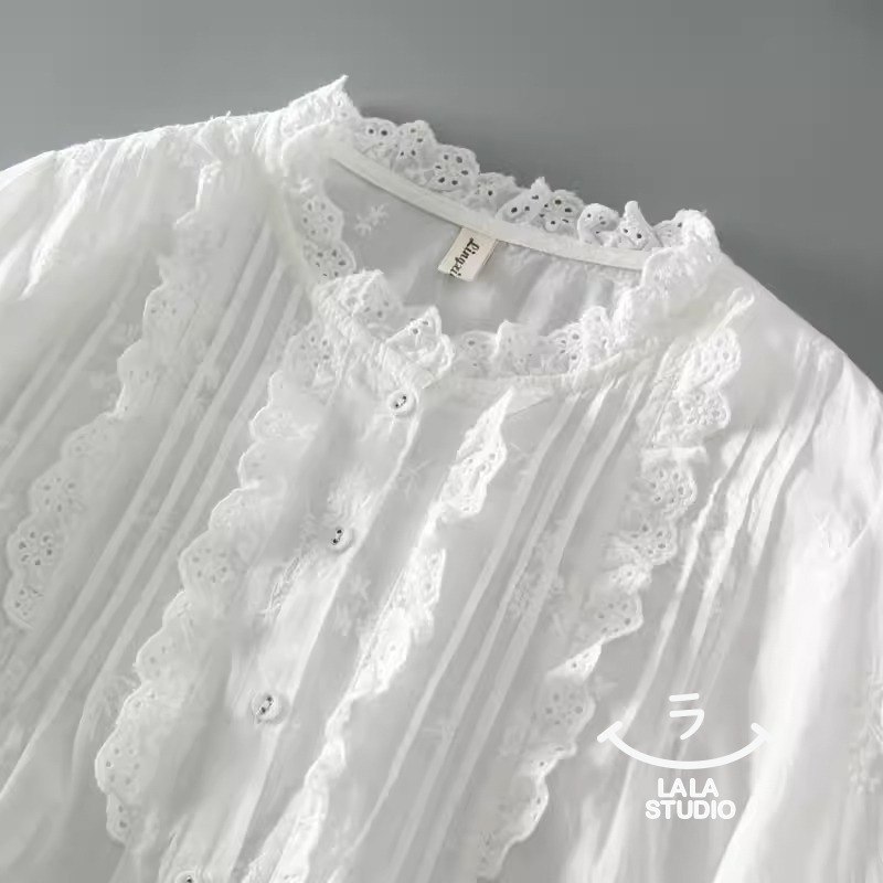 𝕃𝔸𝕃𝔸 𝕊𝕋𝕌𝔻𝕀𝕆 日系蕾絲花邊領風琴褶刺繡長袖襯衫上衣-細節圖2