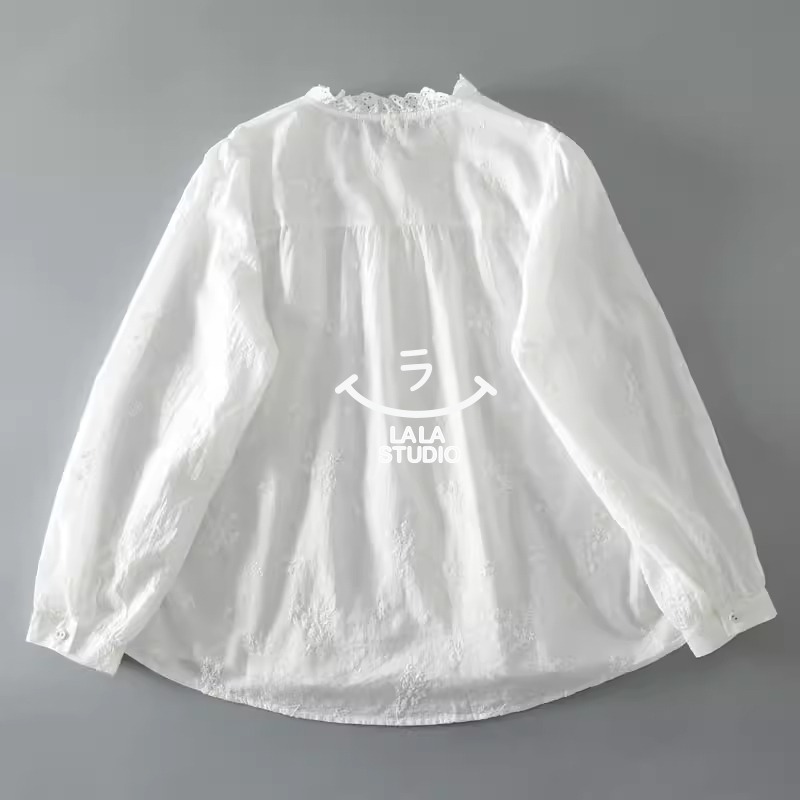 𝕃𝔸𝕃𝔸 𝕊𝕋𝕌𝔻𝕀𝕆 日系蕾絲花邊領風琴褶刺繡長袖襯衫上衣-細節圖6