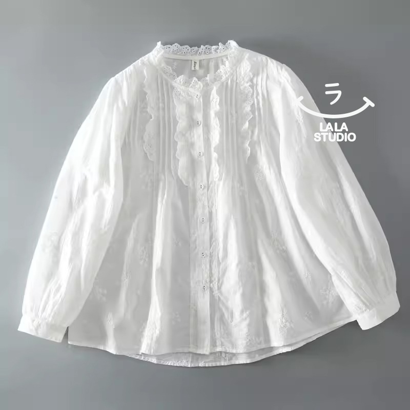 𝕃𝔸𝕃𝔸 𝕊𝕋𝕌𝔻𝕀𝕆 日系蕾絲花邊領風琴褶刺繡長袖襯衫上衣-規格圖6