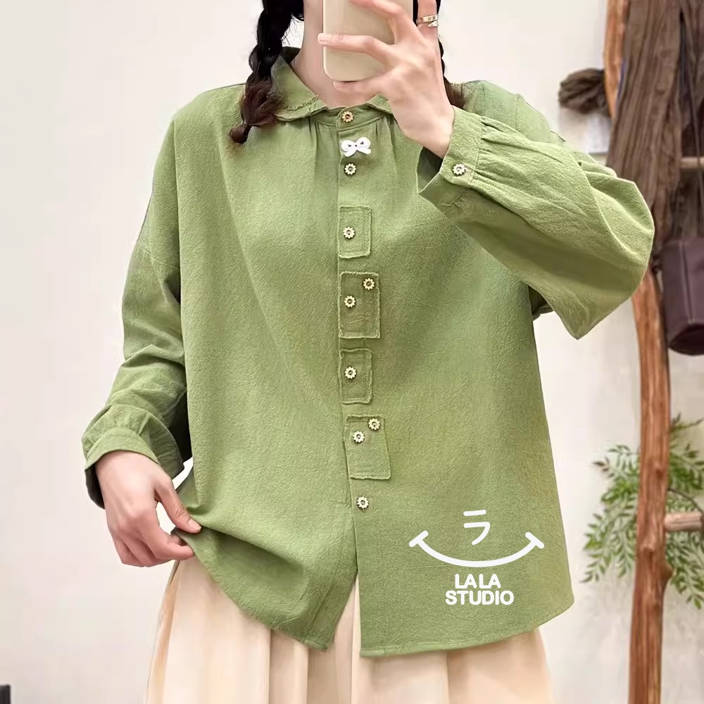 𝕃𝔸𝕃𝔸 𝕊𝕋𝕌𝔻𝕀𝕆  日系小翻領蝴蝶結貼布長袖襯衫上衣 ˚ʚ  2色 ɞ˚-細節圖9