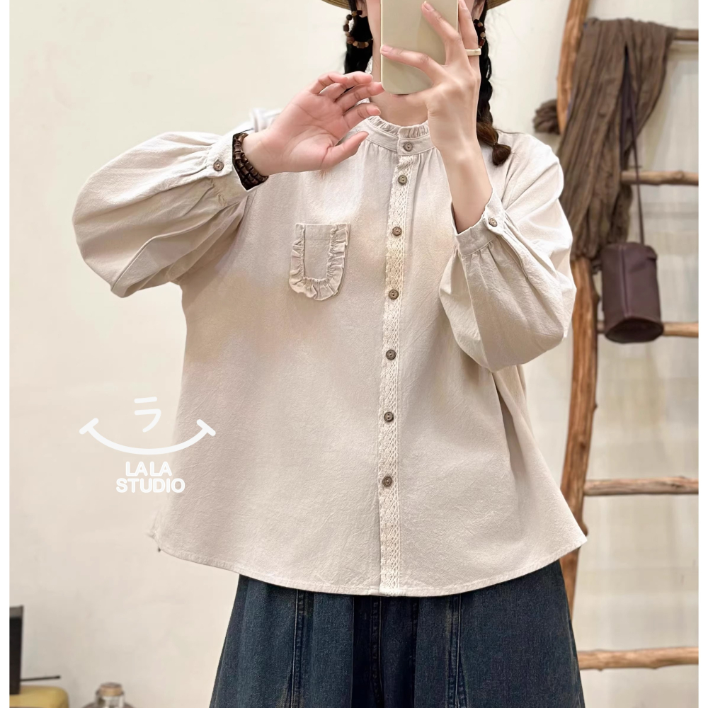 𝕃𝔸𝕃𝔸 𝕊𝕋𝕌𝔻𝕀𝕆 日系木耳花邊領蕾絲拼接長袖襯衫上衣 ˚ʚ  2色 ɞ˚-細節圖10