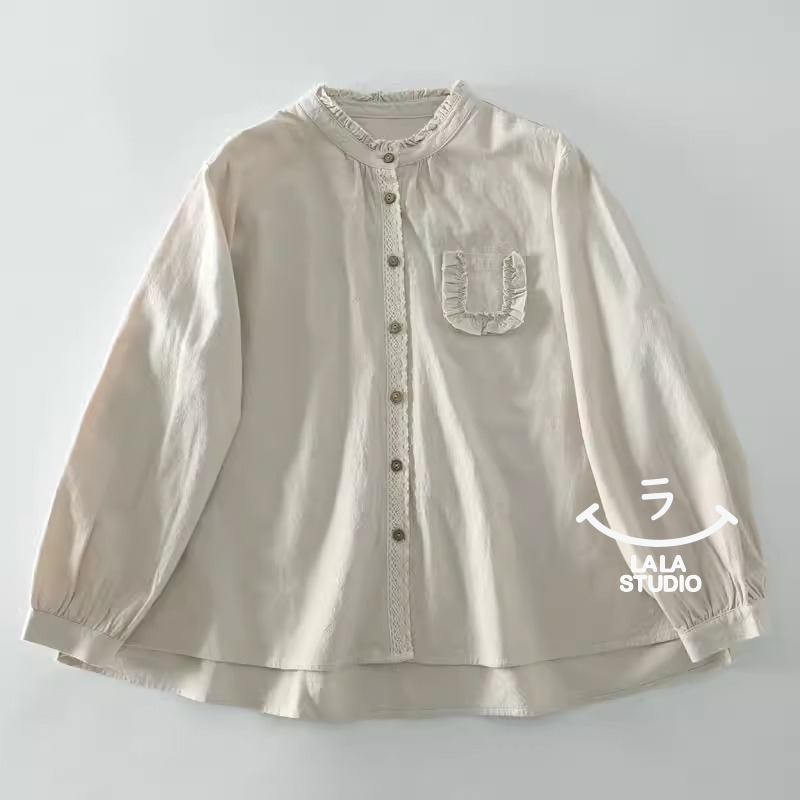 𝕃𝔸𝕃𝔸 𝕊𝕋𝕌𝔻𝕀𝕆 日系木耳花邊領蕾絲拼接長袖襯衫上衣 ˚ʚ  2色 ɞ˚-規格圖10