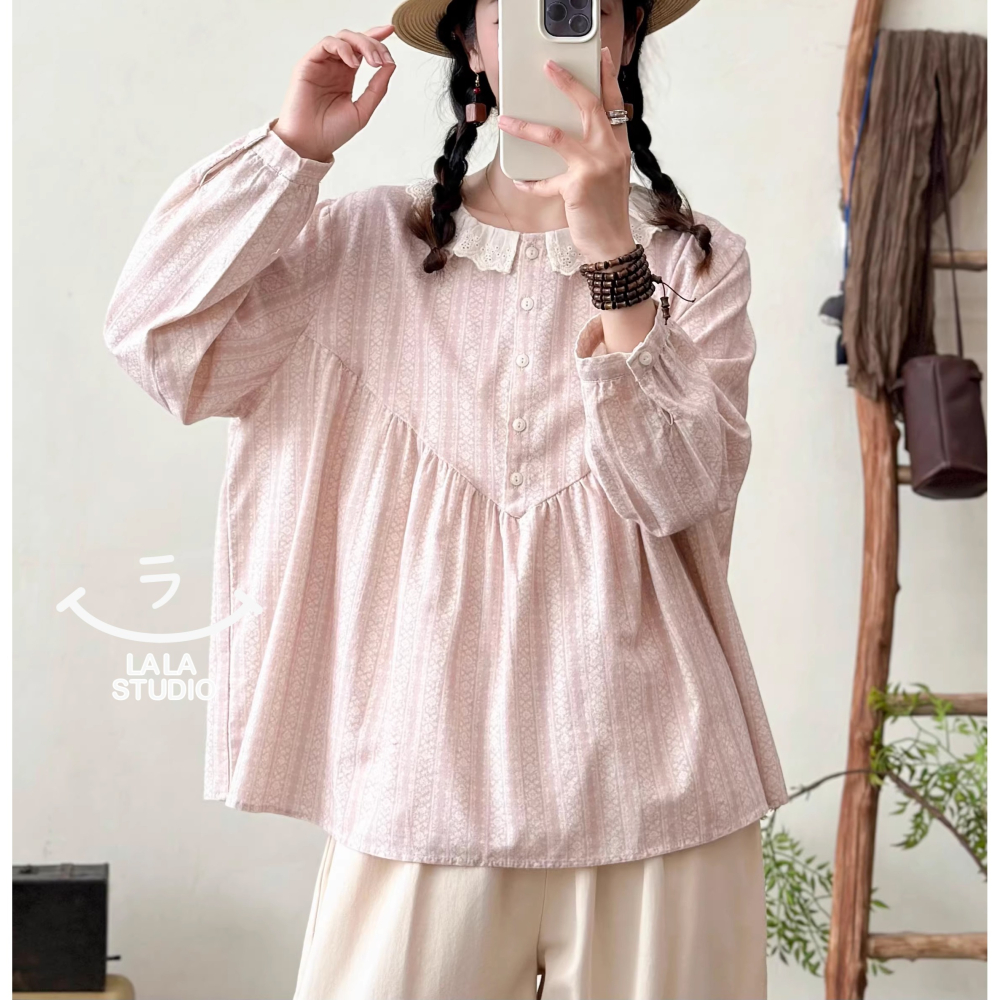 𝕃𝔸𝕃𝔸 𝕊𝕋𝕌𝔻𝕀𝕆 日系蕾絲花邊領溫柔印花長袖襯衫上衣-粉色-細節圖8