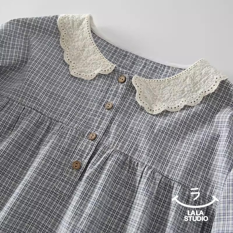 𝕃𝔸𝕃𝔸 𝕊𝕋𝕌𝔻𝕀𝕆 日系蕾絲花邊領藍格子長袖襯衫上衣-藍色-細節圖2