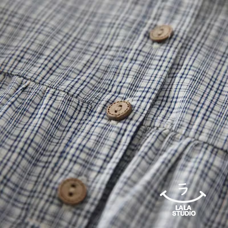 𝕃𝔸𝕃𝔸 𝕊𝕋𝕌𝔻𝕀𝕆 日系蕾絲花邊領藍格子長袖襯衫上衣-藍色-細節圖4