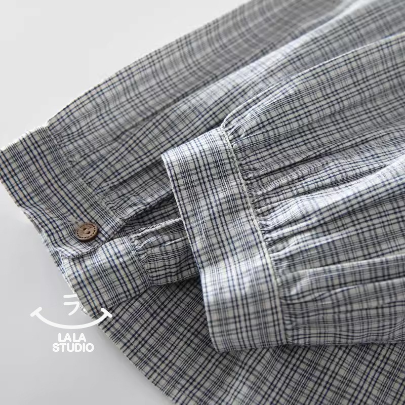 𝕃𝔸𝕃𝔸 𝕊𝕋𝕌𝔻𝕀𝕆 日系蕾絲花邊領藍格子長袖襯衫上衣-藍色-細節圖5