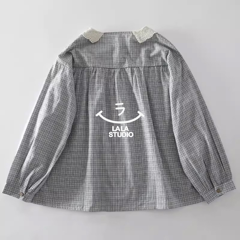 𝕃𝔸𝕃𝔸 𝕊𝕋𝕌𝔻𝕀𝕆 日系蕾絲花邊領藍格子長袖襯衫上衣-藍色-細節圖7